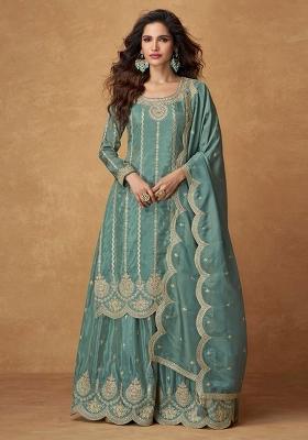 Sea Green Embroidered Silk Salwar Kameez With Dupatta