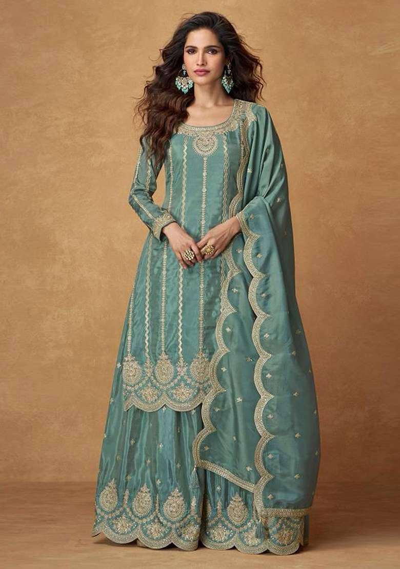 Sea Green Embroidered Silk Salwar Kameez With Dupatta - Indya