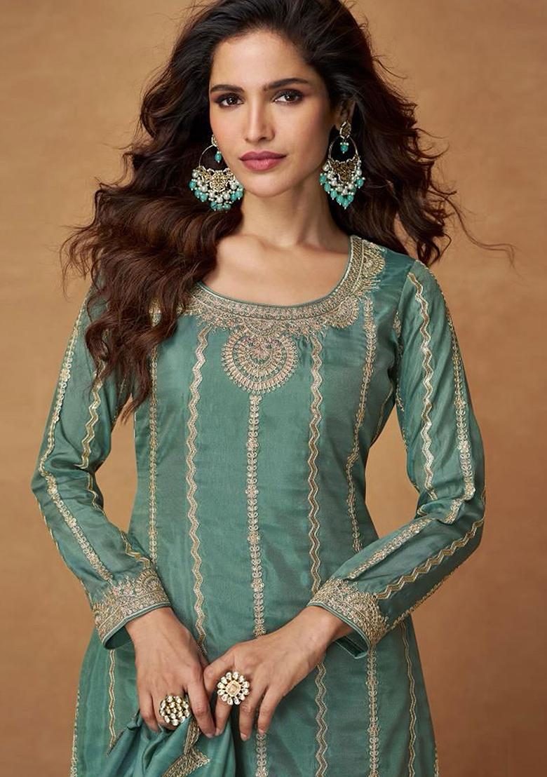 Sea Green Embroidered Silk Salwar Kameez With Dupatta - Indya