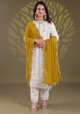 Off White Embroidered Georgette Salwar Kameez With Dupatta