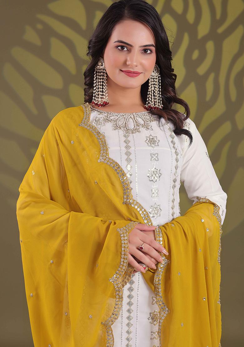 Off White Embroidered Georgette Salwar Kameez With Dupatta - Indya