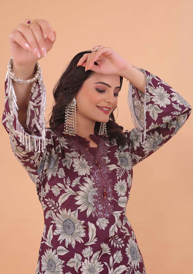 Purple Embroidered Cotton Salwar Kameez With Dupatta - Indya