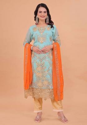 Turquoise Embroidered Georgette Salwar Kameez With Dupatta