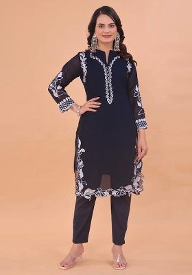 Navy Blue Embroidered Georgette Salwar Kameez With Dupatta