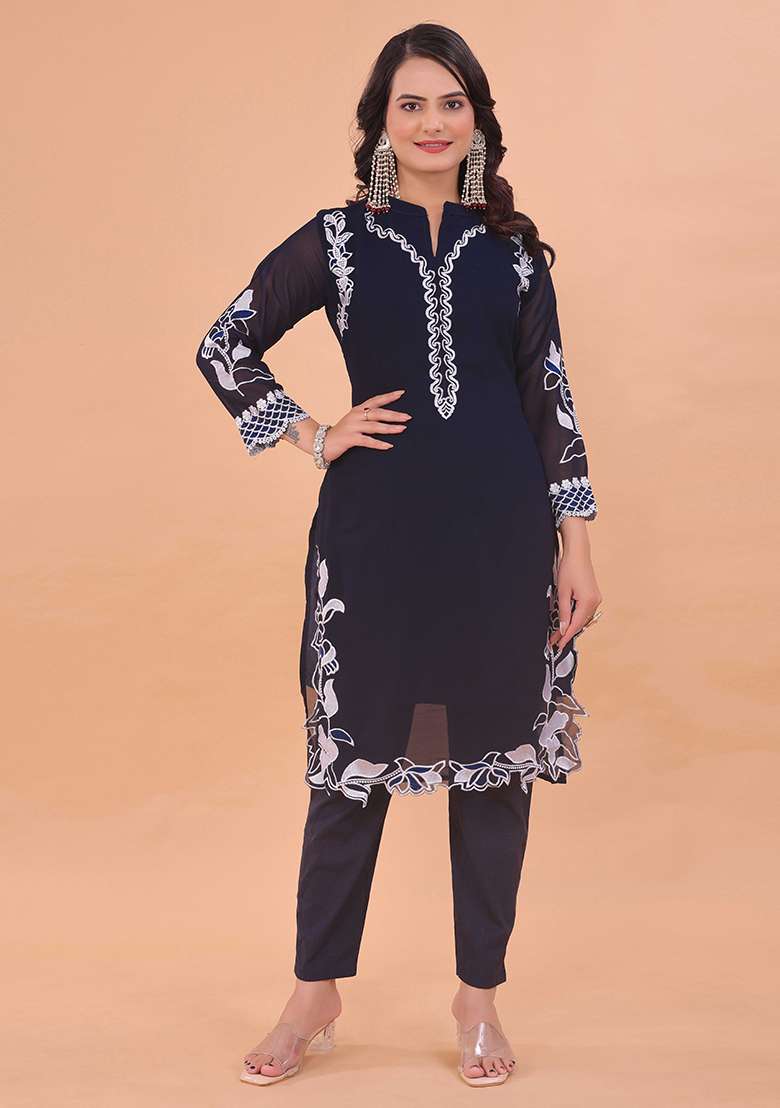 Navy Blue Embroidered Georgette Salwar Kameez With Dupatta - Indya
