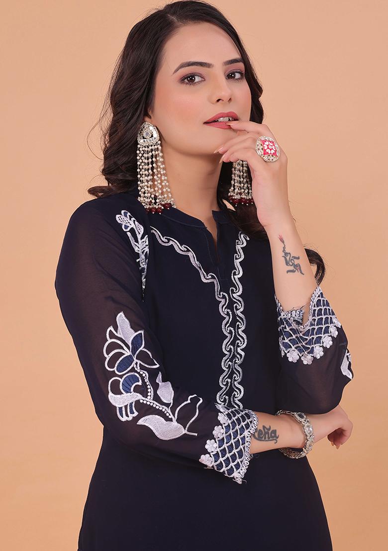 Navy Blue Embroidered Georgette Salwar Kameez With Dupatta - Indya