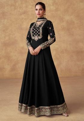 Black Embroidered Chinon Salwar Kameez With Dupatta