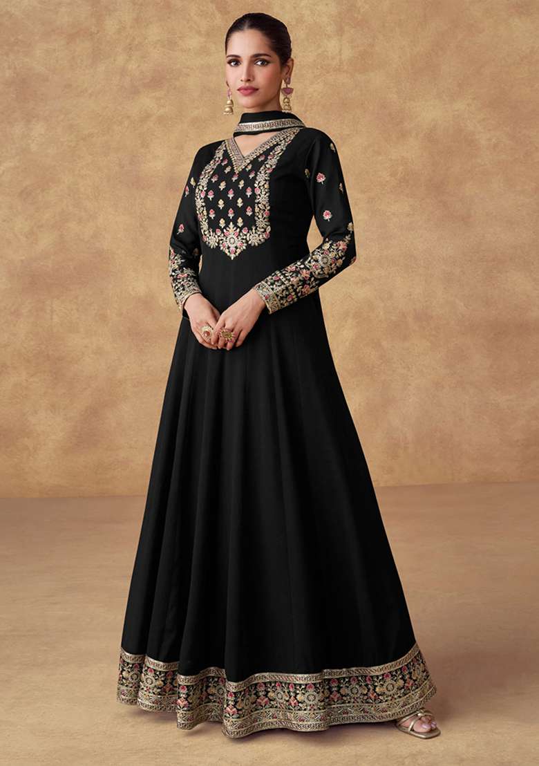 Black Embroidered Chinon Salwar Kameez With Dupatta - Indya