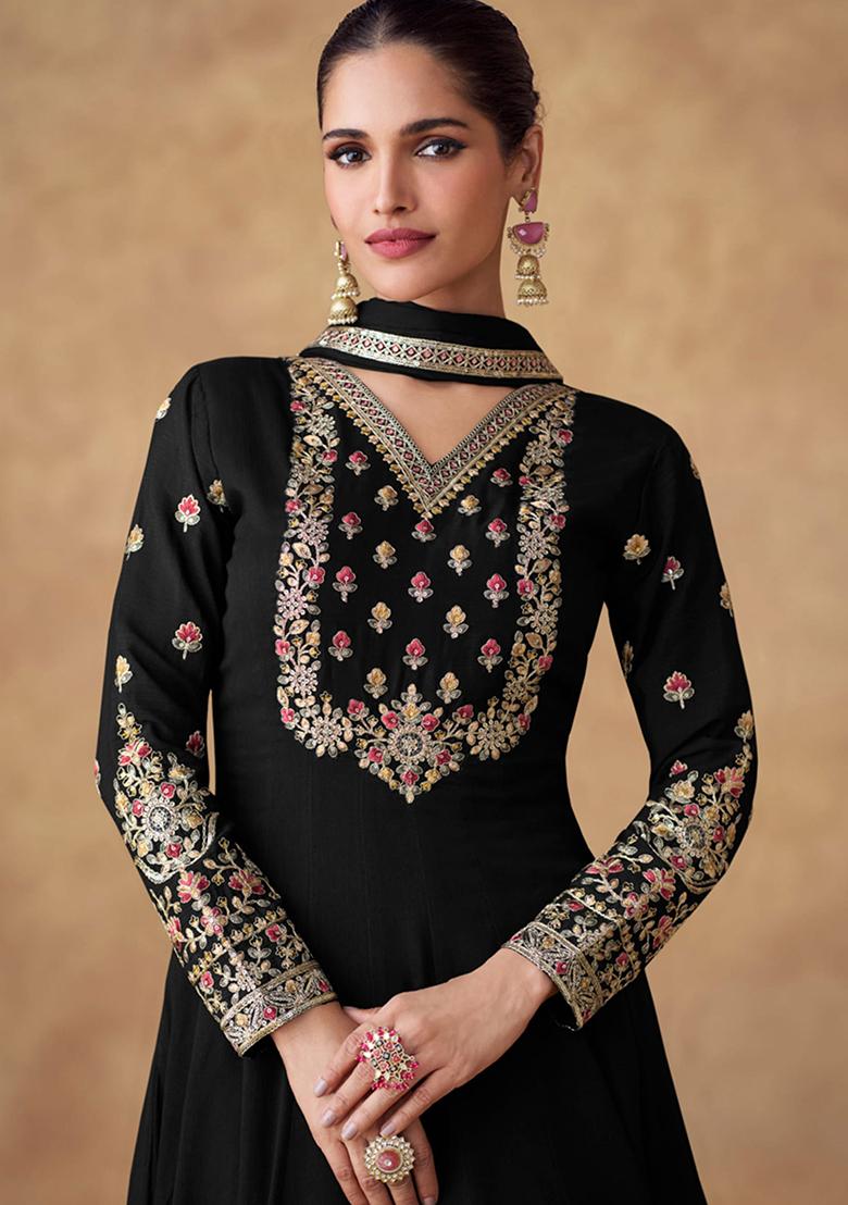 Black Embroidered Chinon Salwar Kameez With Dupatta - Indya