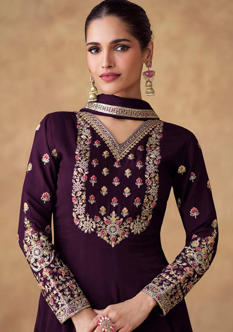 Purple Embroidered Chinon Salwar Kameez With Dupatta - Indya