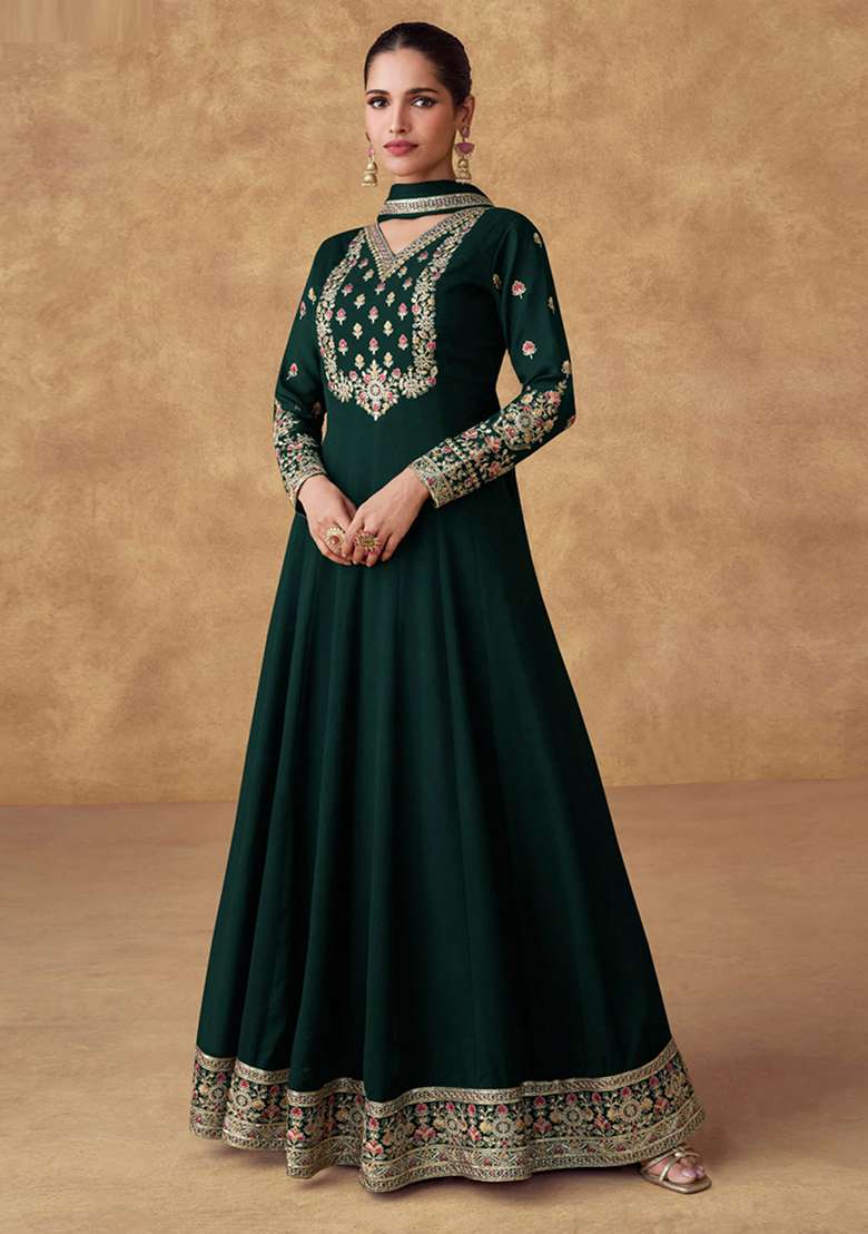 Green Embroidered Chinon Salwar Kameez With Dupatta - Indya