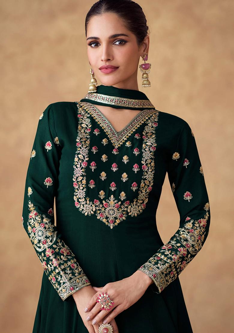 Green Embroidered Chinon Salwar Kameez With Dupatta - Indya