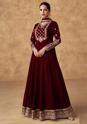 Maroon Embroidered Chinon Salwar Kameez With Dupatta