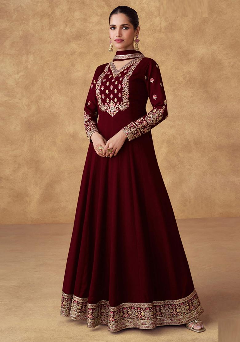 Maroon Embroidered Chinon Salwar Kameez With Dupatta - Indya