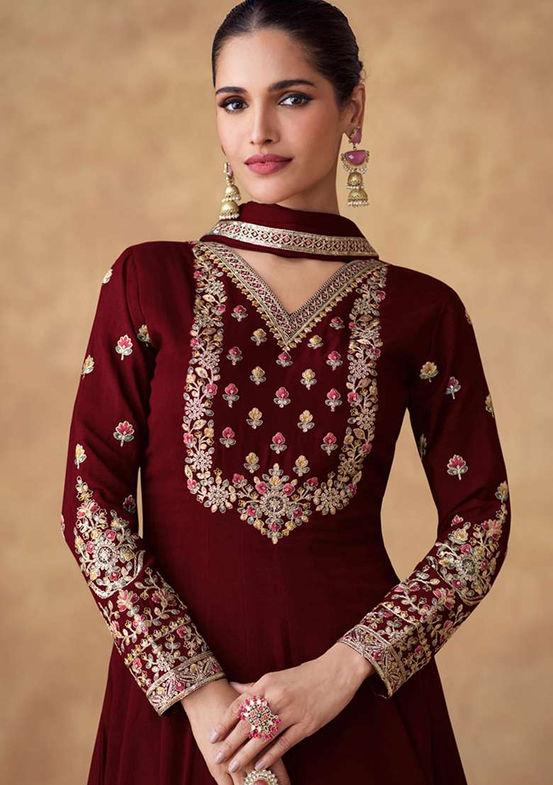 Maroon Embroidered Chinon Salwar Kameez With Dupatta - Indya