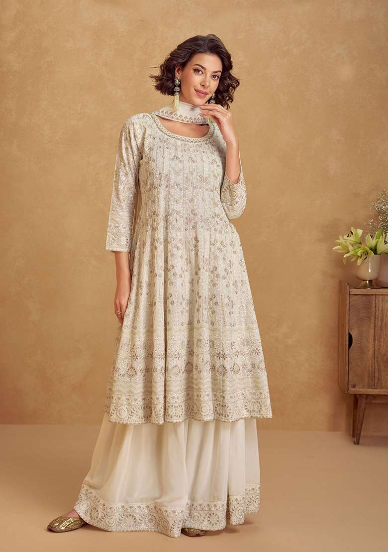 Beige Embroidered Georgette Salwar Kameez With Dupatta - Indya