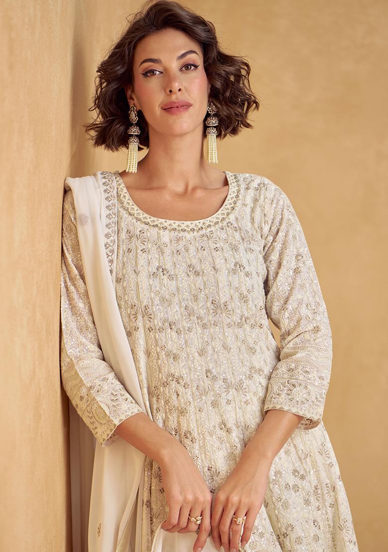 Beige Embroidered Georgette Salwar Kameez With Dupatta - Indya