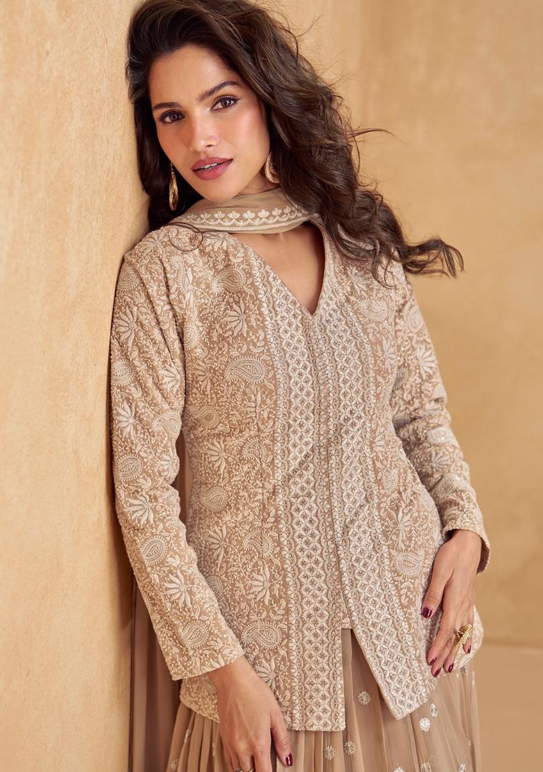 Light Brown Embroidered Georgette Salwar Kameez With Dupatta - Indya