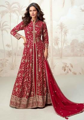 Red Embroidered Georgette Salwar Kameez With Dupatta