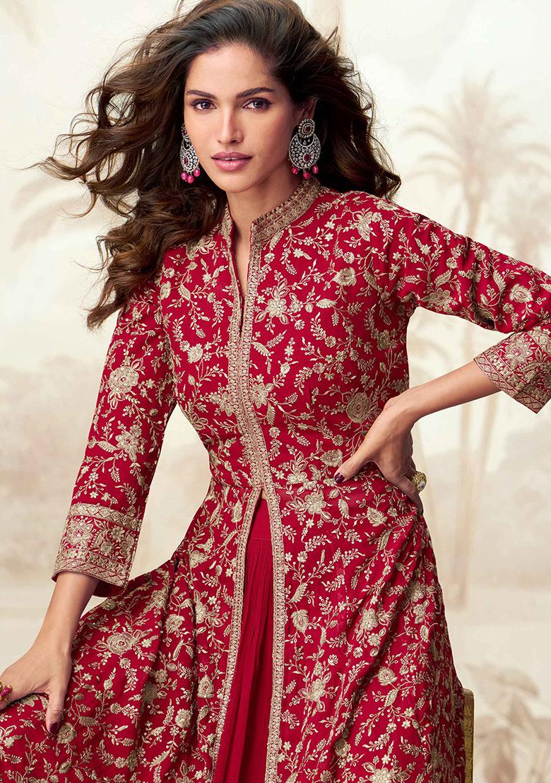 Red Embroidered Georgette Salwar Kameez With Dupatta - Indya