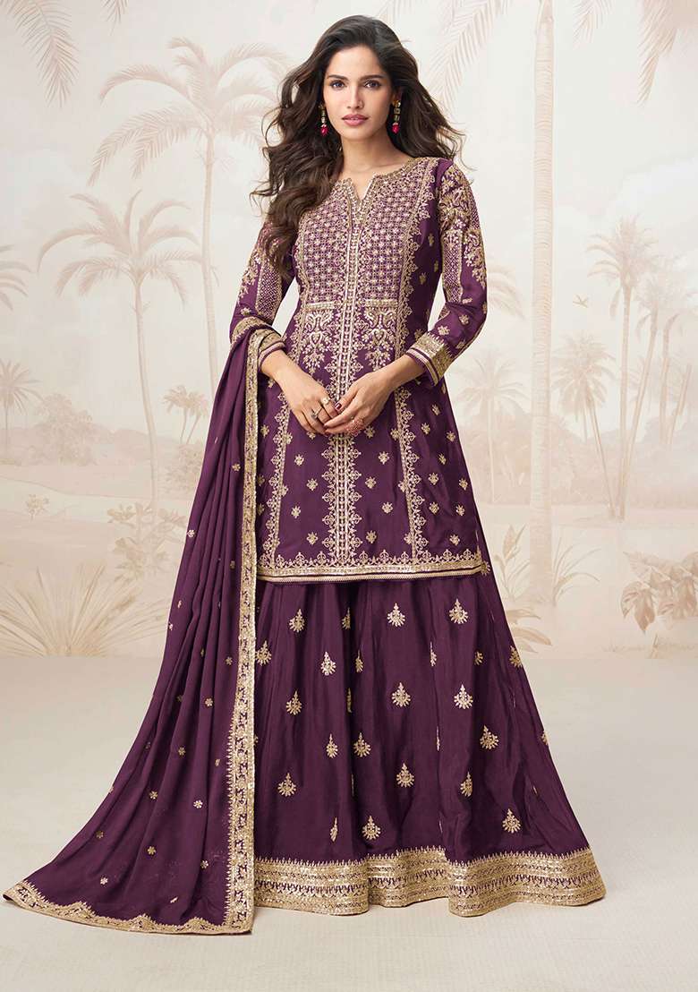 Wine Embroidered Chinon Salwar Kameez With Dupatta - Indya