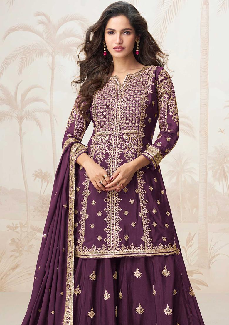 Wine Embroidered Chinon Salwar Kameez With Dupatta - Indya