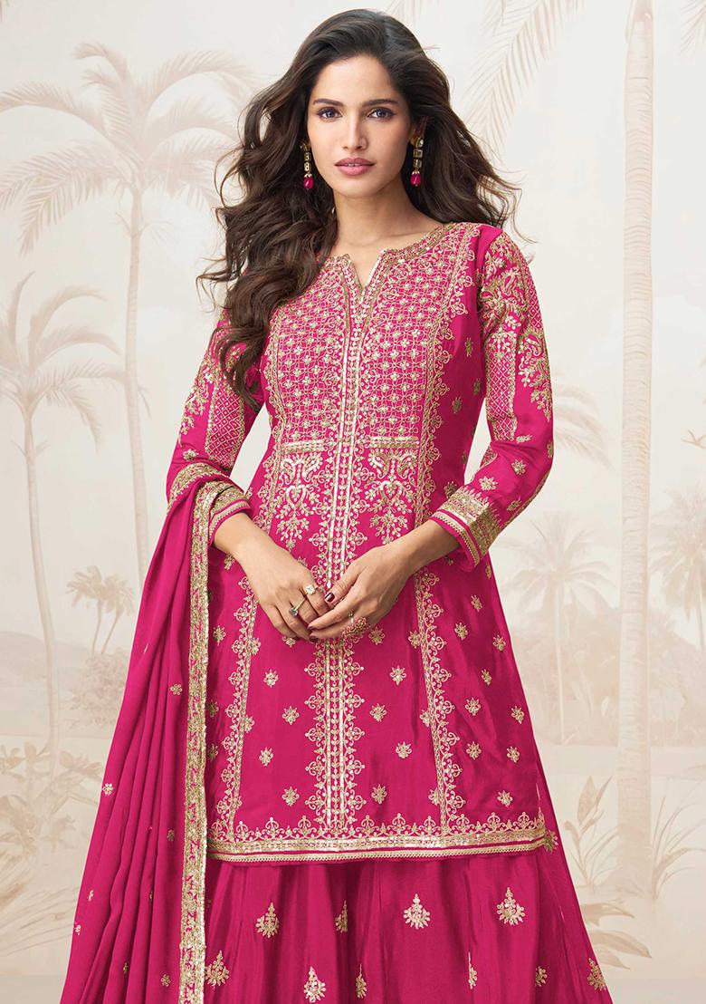 Pink Embroidered Chinon Salwar Kameez With Dupatta - Indya