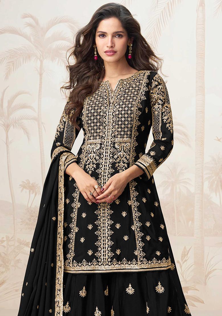 Black Embroidered Chinon Salwar Kameez With Dupatta - Indya