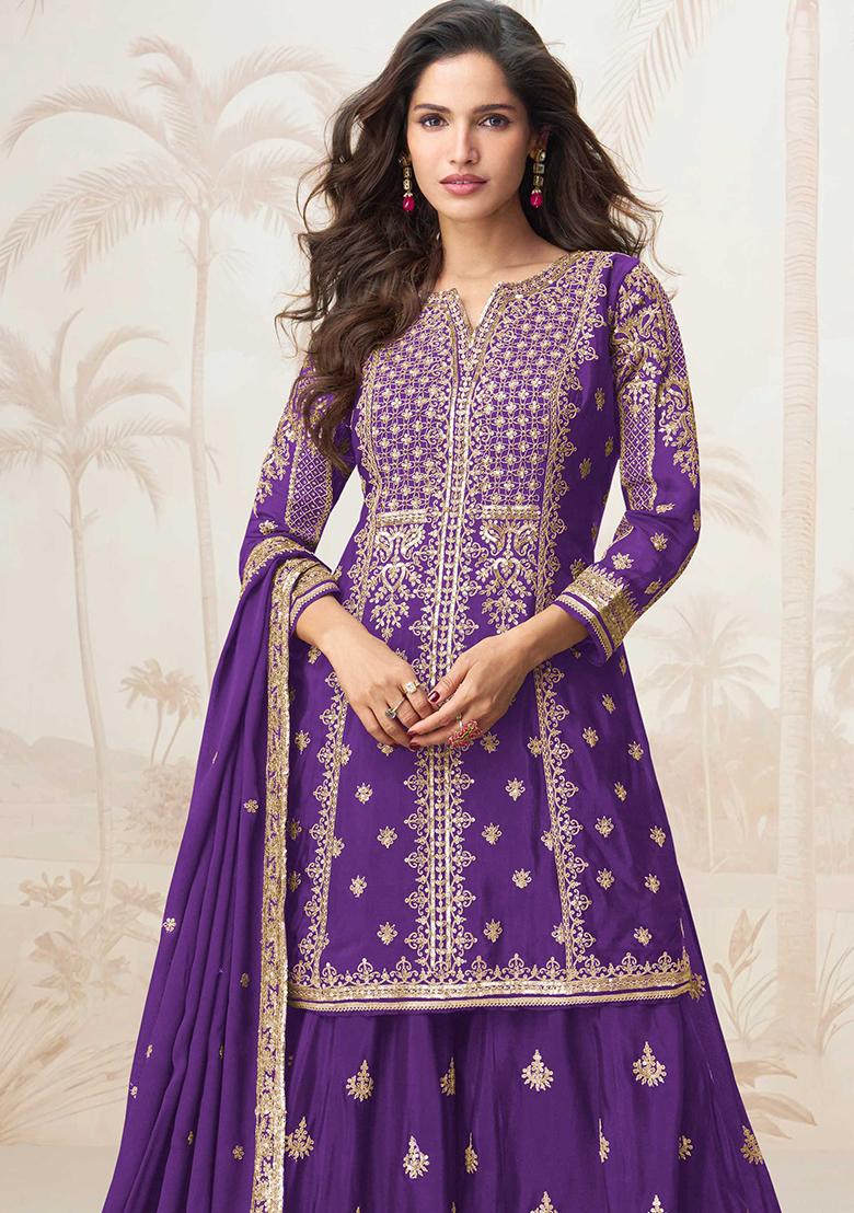 Purple Embroidered Chinon Salwar Kameez With Dupatta - Indya