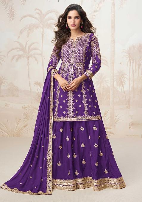 Purple Embroidered Chinon Salwar Kameez With Dupatta