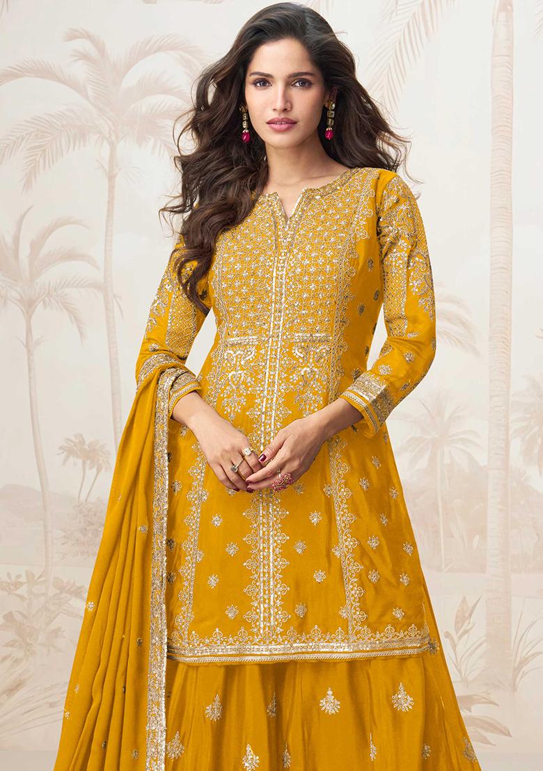Yellow Embroidered Chinon Salwar Kameez With Dupatta - Indya