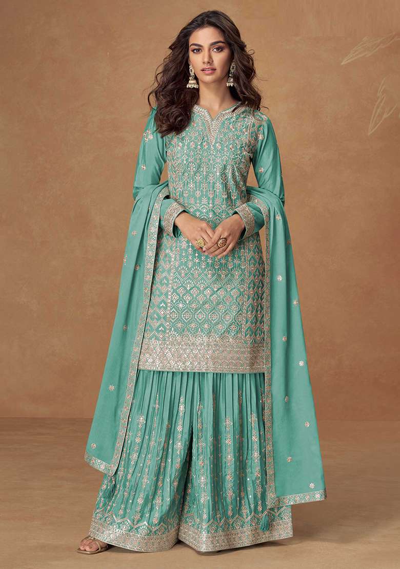 Sky Blue Embroidered Chinon Salwar Kameez With Dupatta - Indya