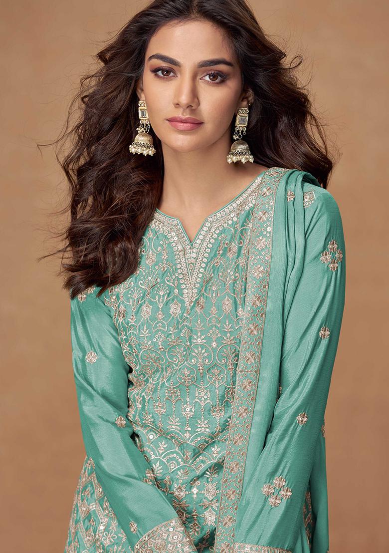 Sky Blue Embroidered Chinon Salwar Kameez With Dupatta - Indya