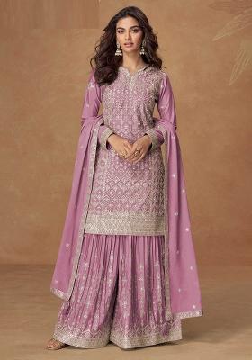 Lilac Embroidered Chinon Salwar Kameez With Dupatta