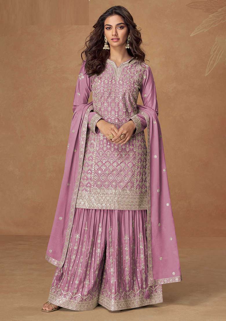 Lilac Embroidered Chinon Salwar Kameez With Dupatta - Indya