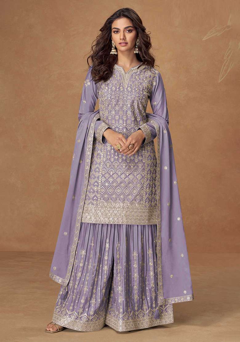 Lavender Embroidered Chinon Salwar Kameez With Dupatta - Indya