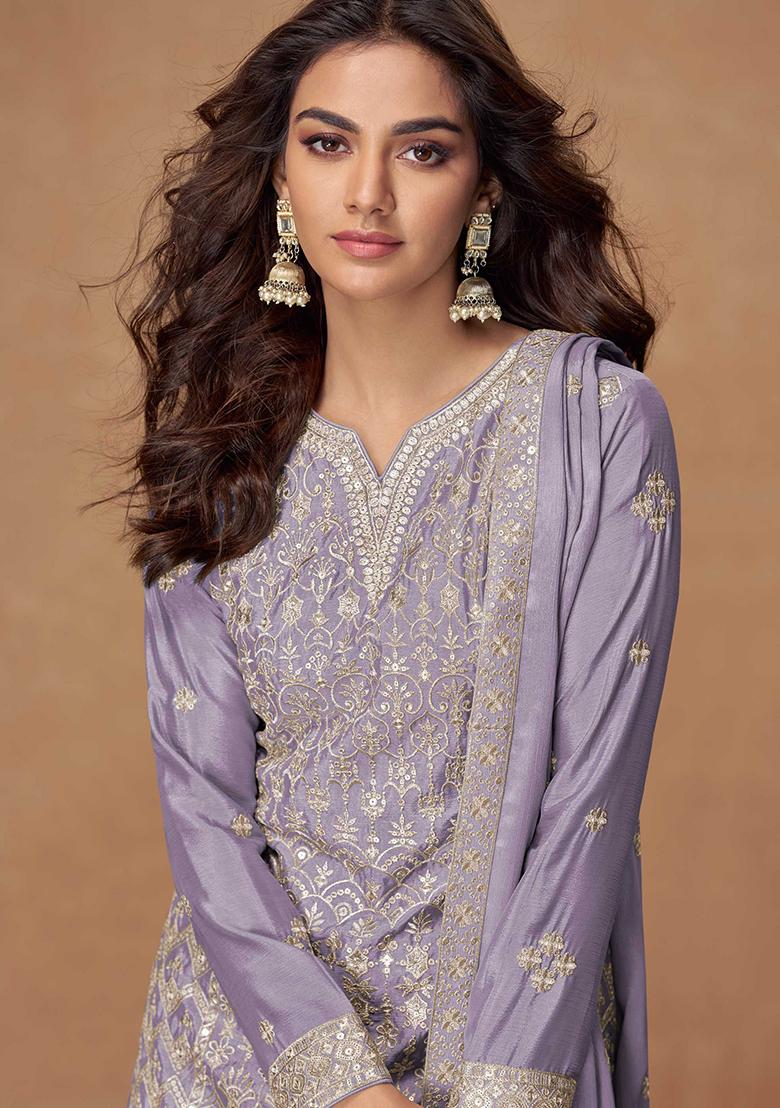 Lavender Embroidered Chinon Salwar Kameez With Dupatta - Indya