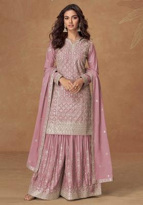 Pink Embroidered Chinon Salwar Kameez With Dupatta