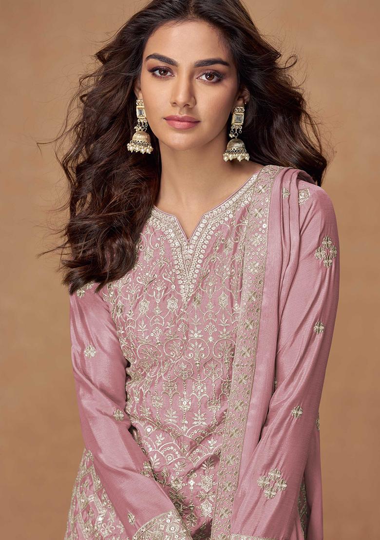 Pink Embroidered Chinon Salwar Kameez With Dupatta - Indya