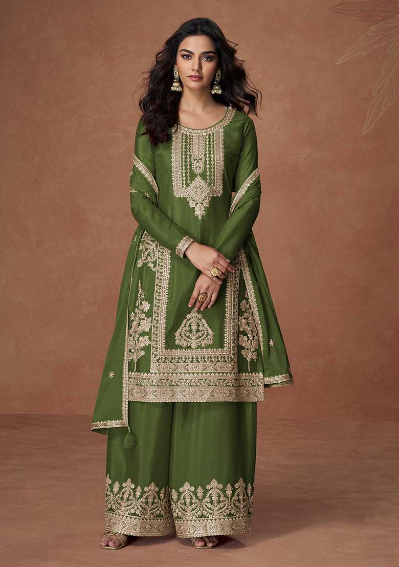 Green Embroidered Chinon Salwar Kameez With Dupatta - Indya