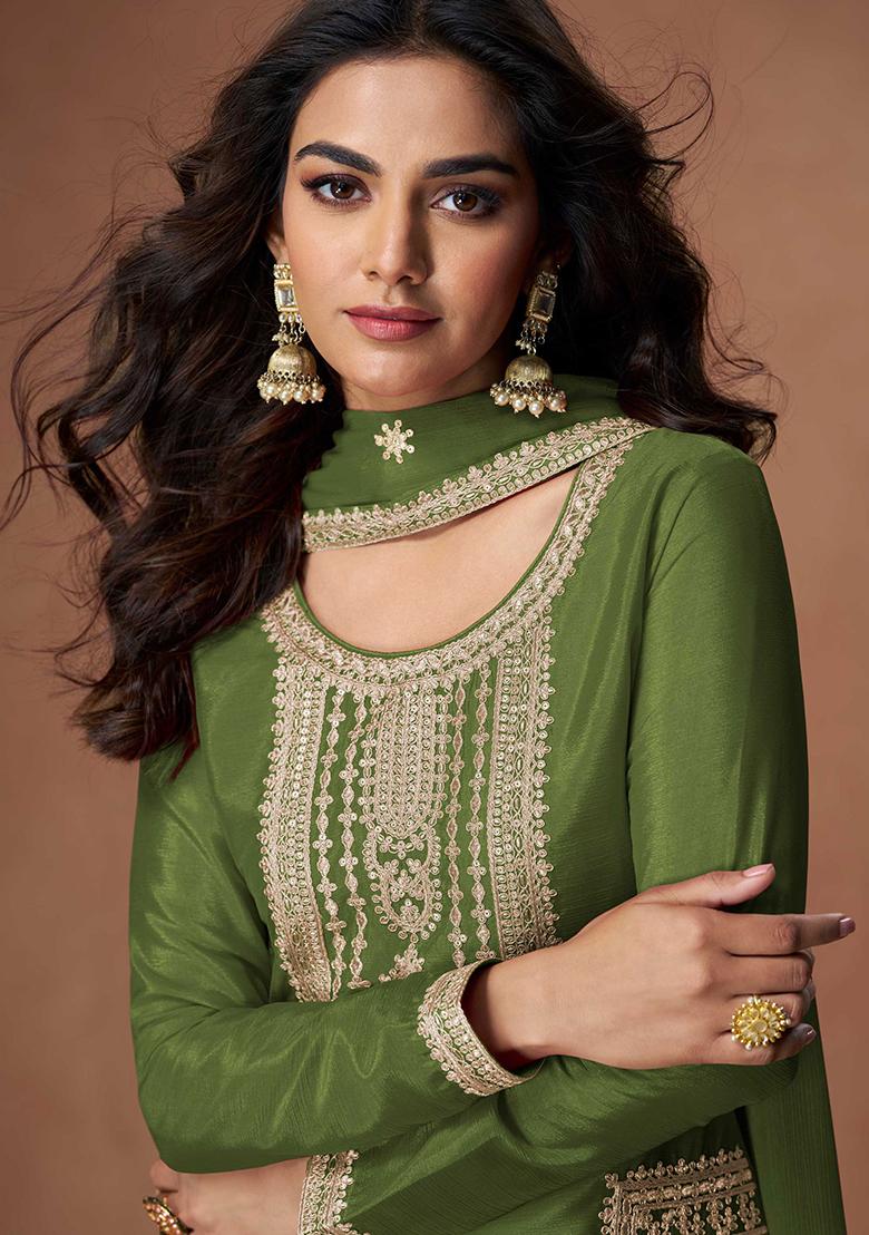 Green Embroidered Chinon Salwar Kameez With Dupatta - Indya