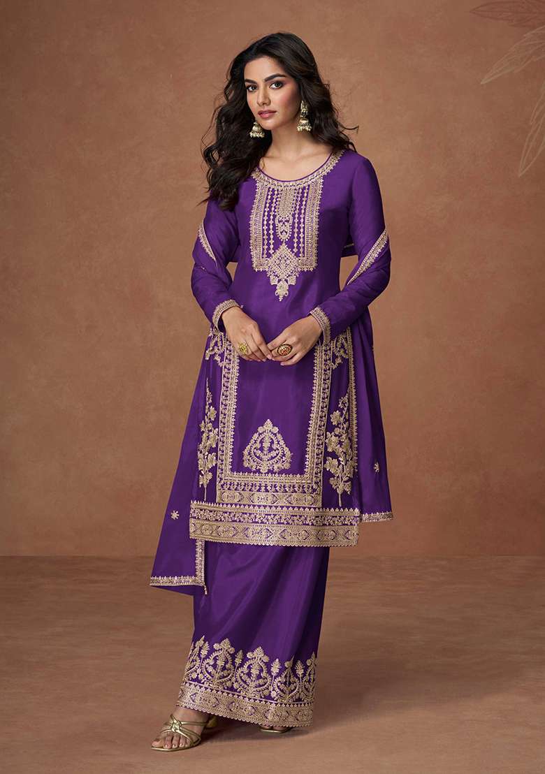 Purple Embroidered Chinon Salwar Kameez With Dupatta - Indya