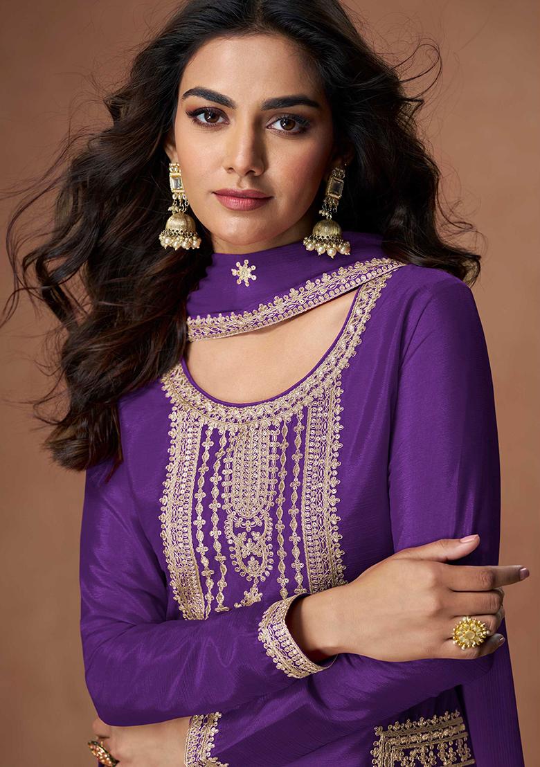 Purple Embroidered Chinon Salwar Kameez With Dupatta - Indya