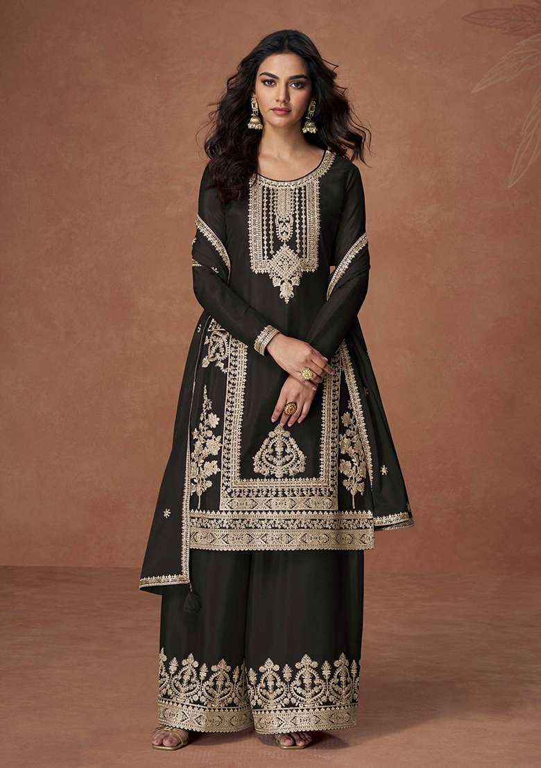 Black Embroidered Chinon Salwar Kameez With Dupatta - Indya