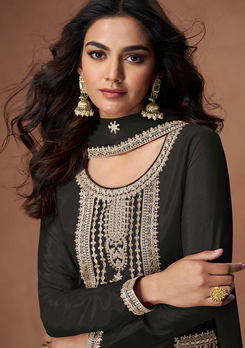 Black Embroidered Chinon Salwar Kameez With Dupatta - Indya