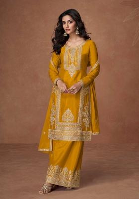 Mustard Embroidered Chinon Salwar Kameez With Dupatta