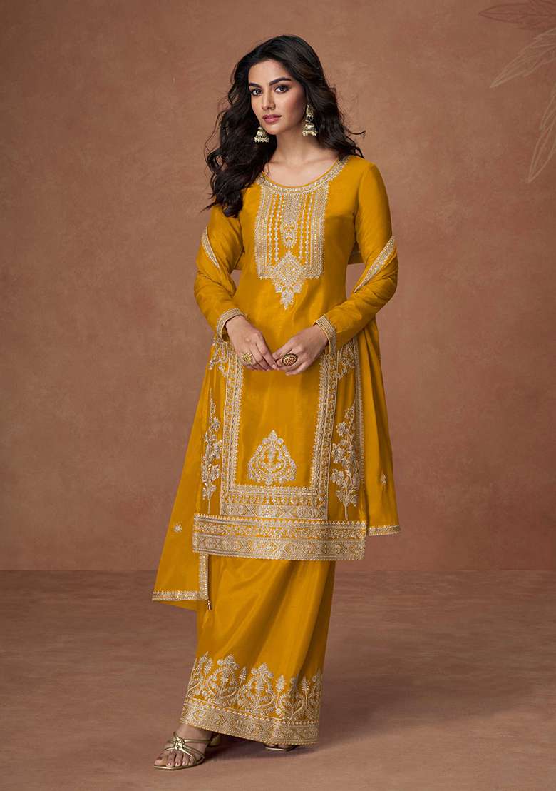 Mustard Embroidered Chinon Salwar Kameez With Dupatta - Indya
