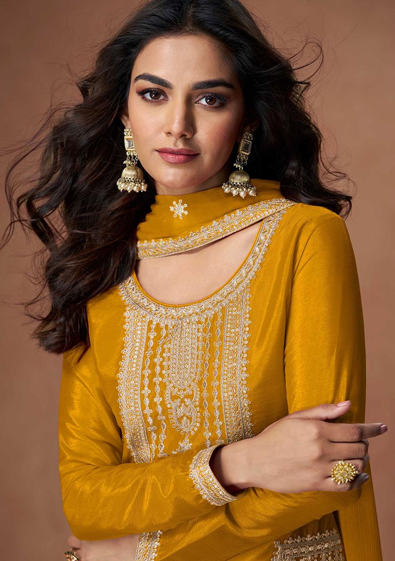 Mustard Embroidered Chinon Salwar Kameez With Dupatta - Indya