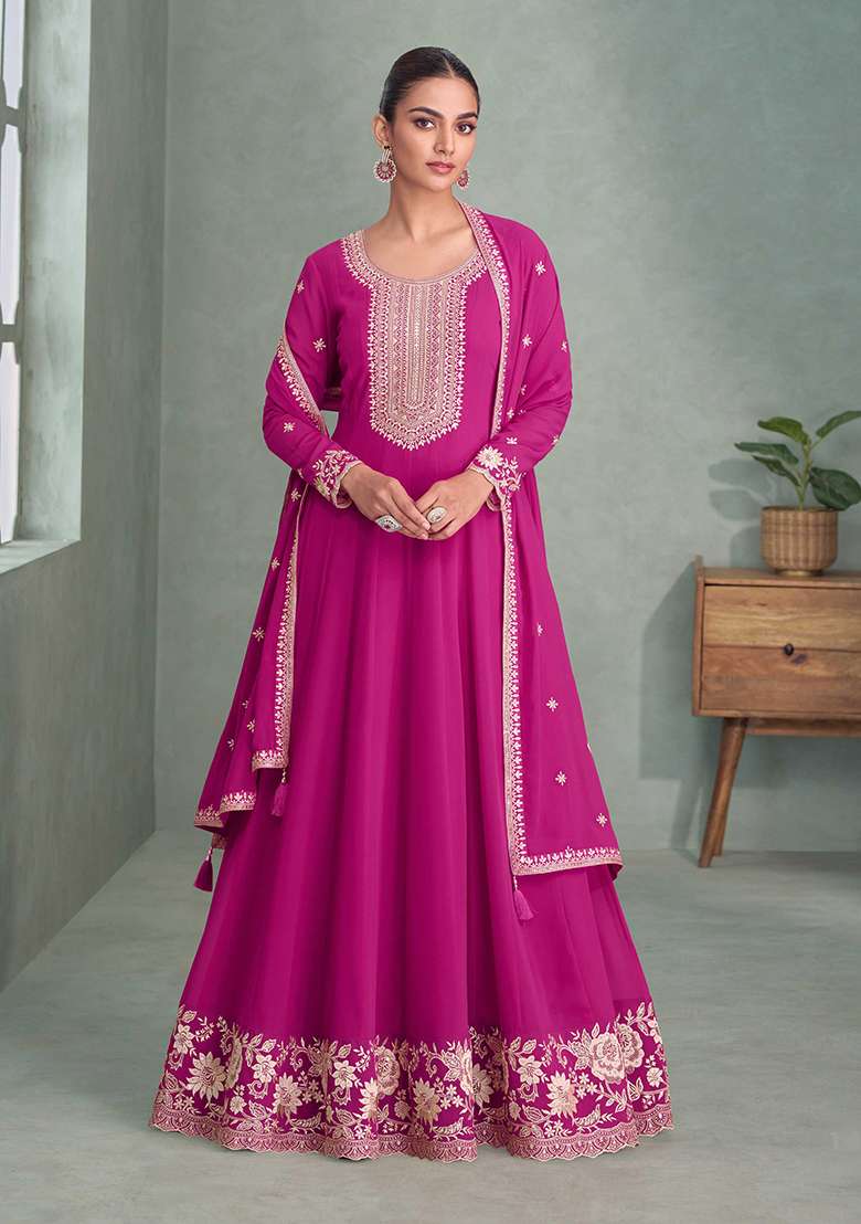 Rani Pink Embroidered Georgette Salwar Kameez With Dupatta - Indya