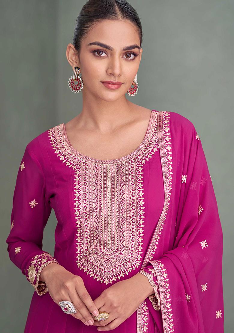 Rani Pink Embroidered Georgette Salwar Kameez With Dupatta - Indya